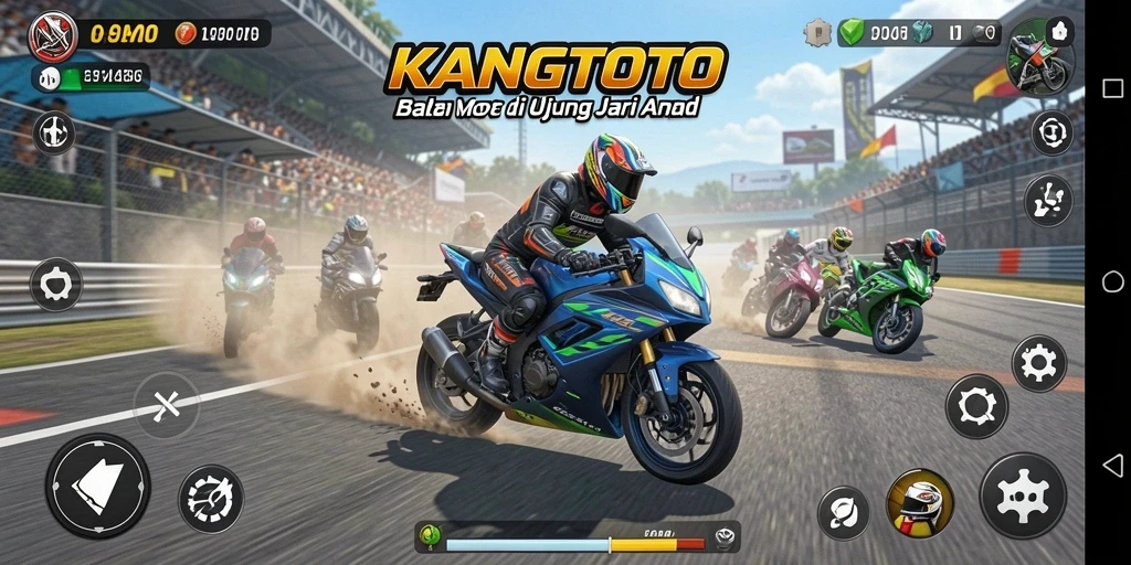 Gameplay KANGTOTO yang mendebarkan dengan balapan motor seru.