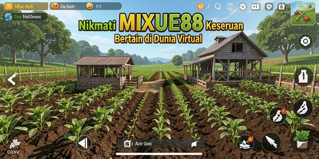 Screenshot dari gameplay MIXUE88, menampilkan kebun yang indah dan petani yang aktif.